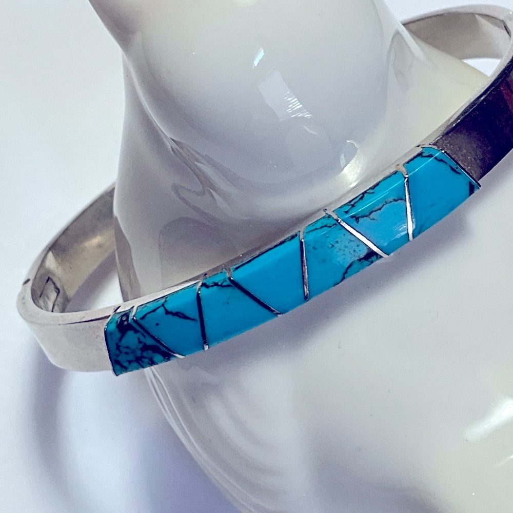 Turquoise Solid Sterling Silver Hinged Locking Br… - image 7